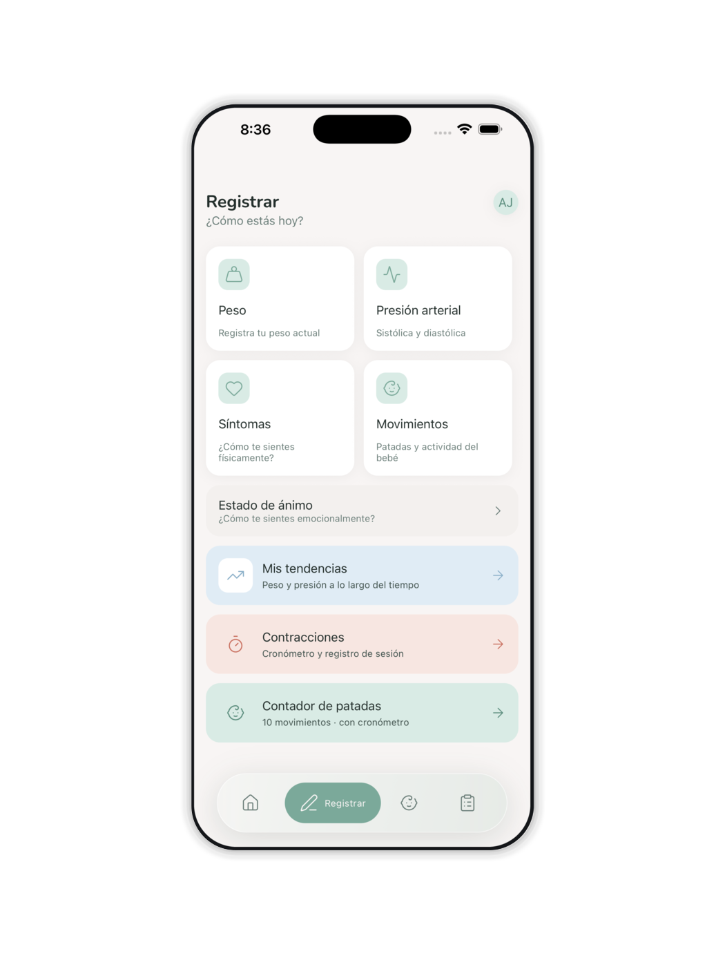 Quick log; weight, blood pressure, symptoms, and movements in one screen